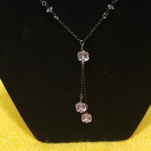 Lilac Flower Y Necklace On Black Chain.